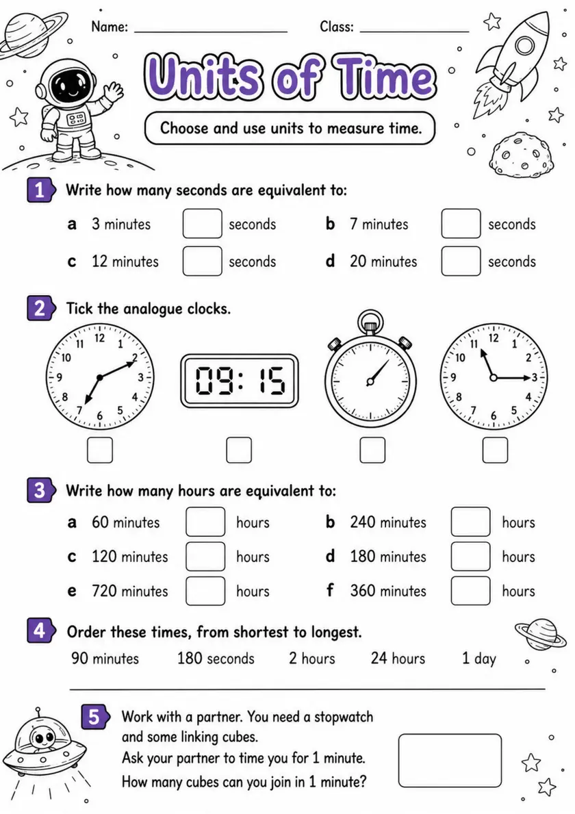 Units of Time - Grade 3 Math Worksheet grade 3 printable PDF preview
