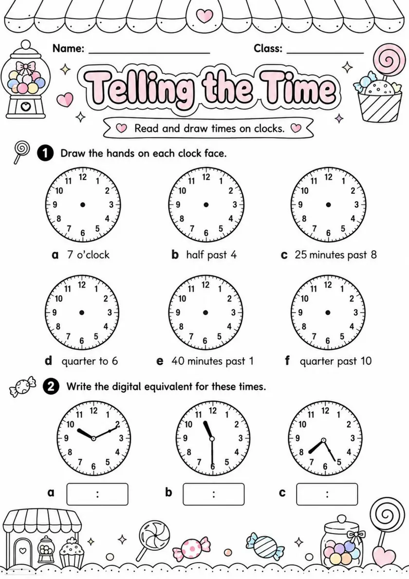Telling the Time - Grade 3 Math Worksheet grade 3 printable PDF preview