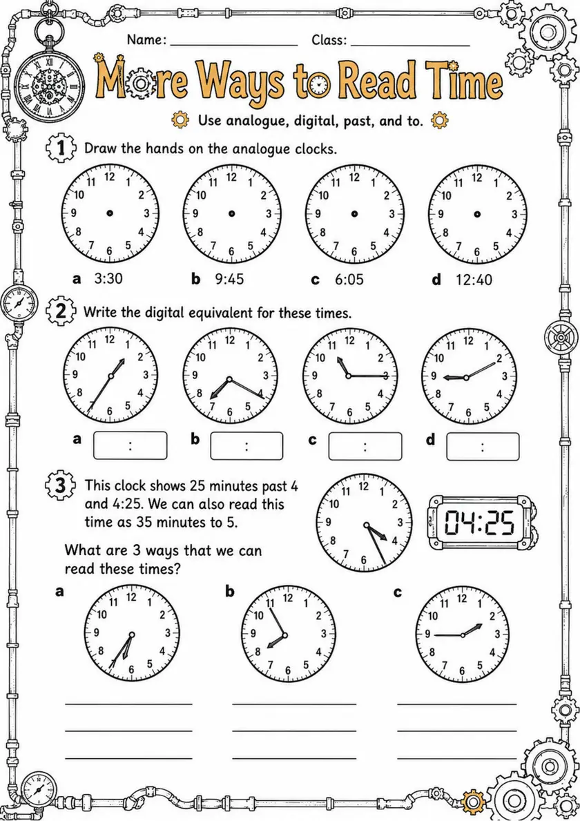 More Ways to Read Time - Grade 3 Math Worksheet grade 3 printable PDF preview
