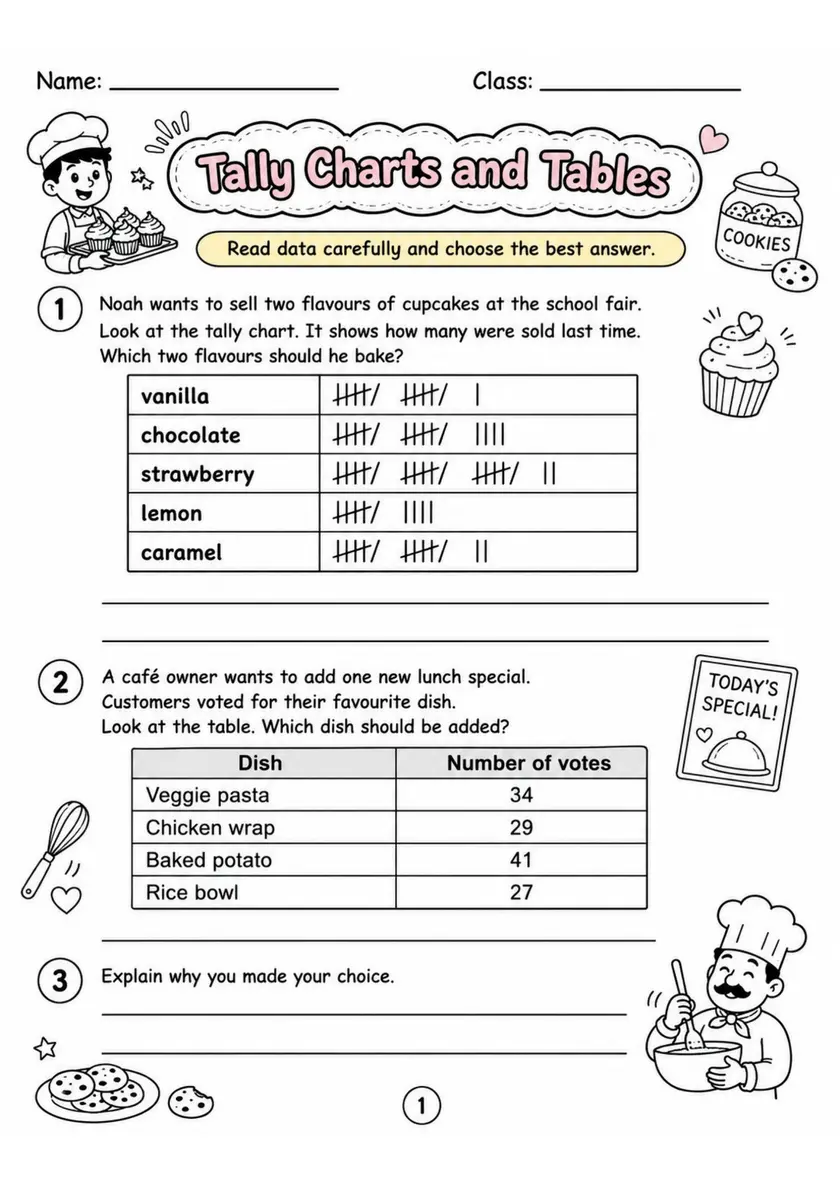 Tally Charts and Tables - Grade 3 Math Worksheet grade 3 printable PDF preview