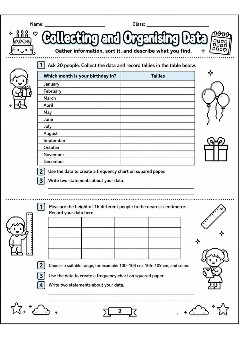 Collecting and Organising Data - Grade 3 Math Worksheet grade 3 printable PDF preview