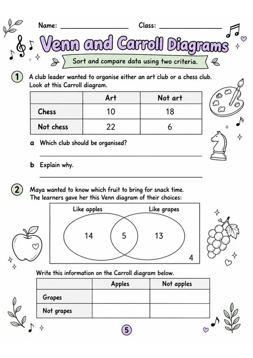 Venn and Carroll Diagrams - Grade 3 Math Worksheet - WKS-MAT-grade-3-XH-0142-EN grade 3 printable PDF preview