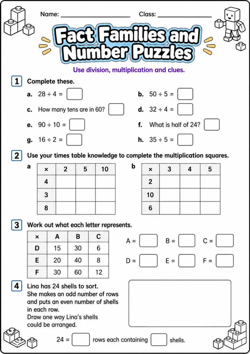 Fact Families and Number Puzzles - Grade 3 Math Worksheet grade 3 printable PDF preview