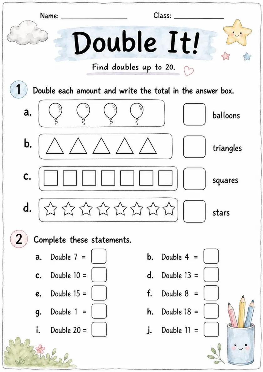 Double It! - Grade 3 Math Worksheet grade 3 printable PDF preview