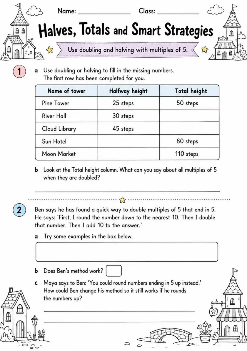 Halves, Totals and Smart Strategies - Grade 3 Math Worksheet grade 3 printable PDF preview