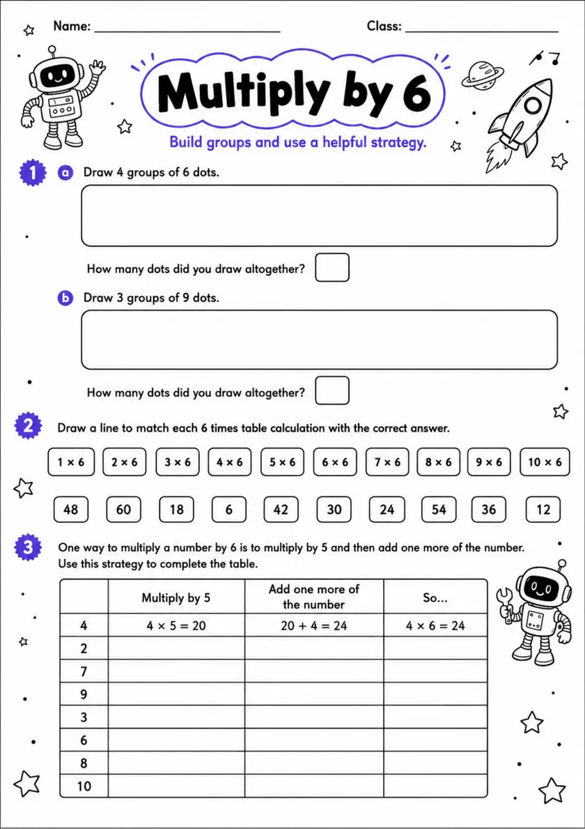 Multiply by 6 - Grade 3 Math Worksheet grade 3 printable PDF preview