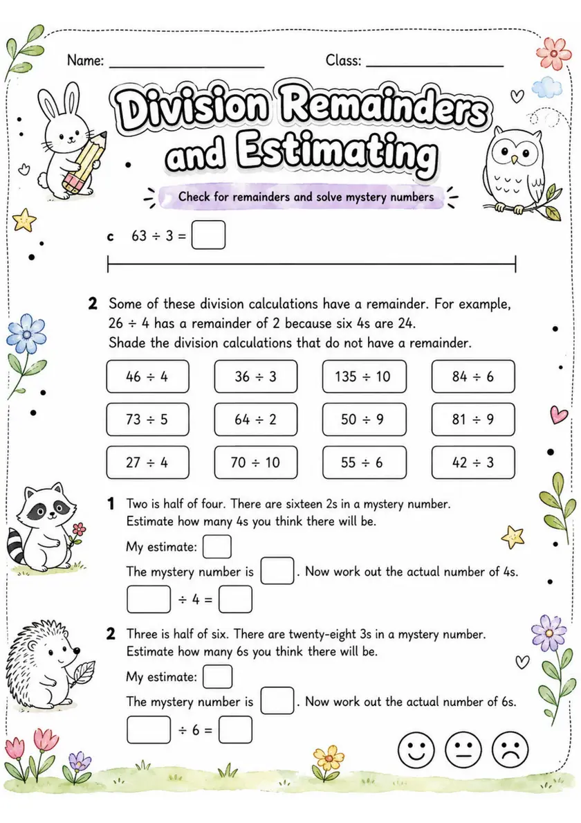 Division Remainders and Estimating - Grade 3 Math Worksheet grade 3 printable PDF preview