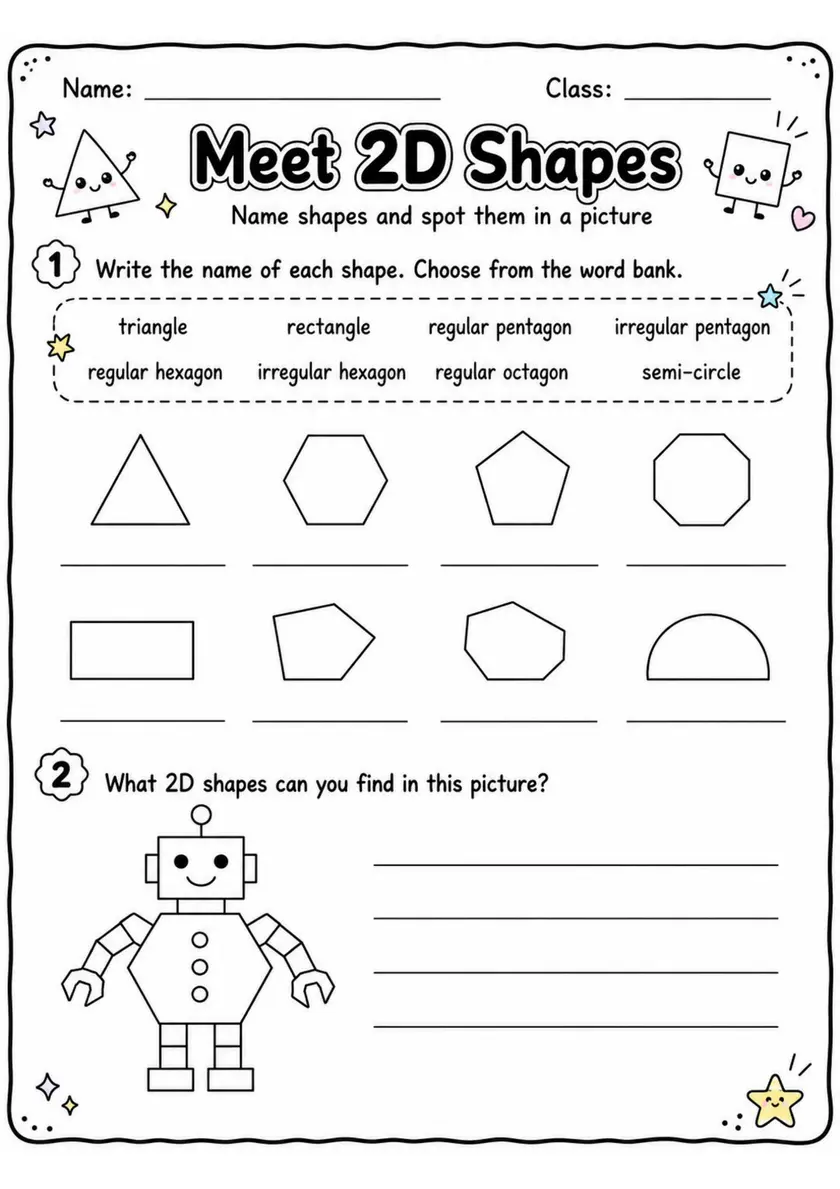 Meet 2D Shapes - Grade 3 Math Worksheet grade 3 printable PDF preview