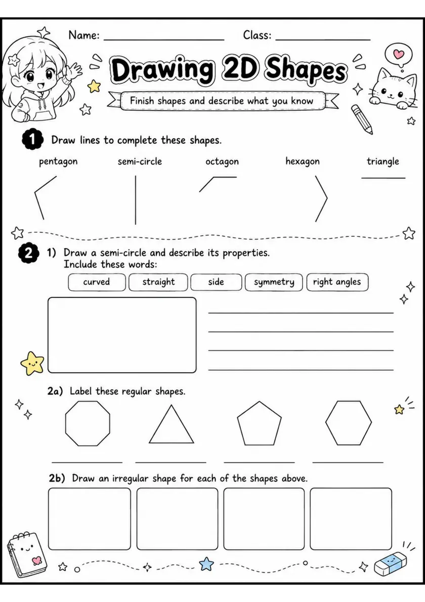 Drawing 2D Shapes - Grade 3 Math Worksheet grade 3 printable PDF preview