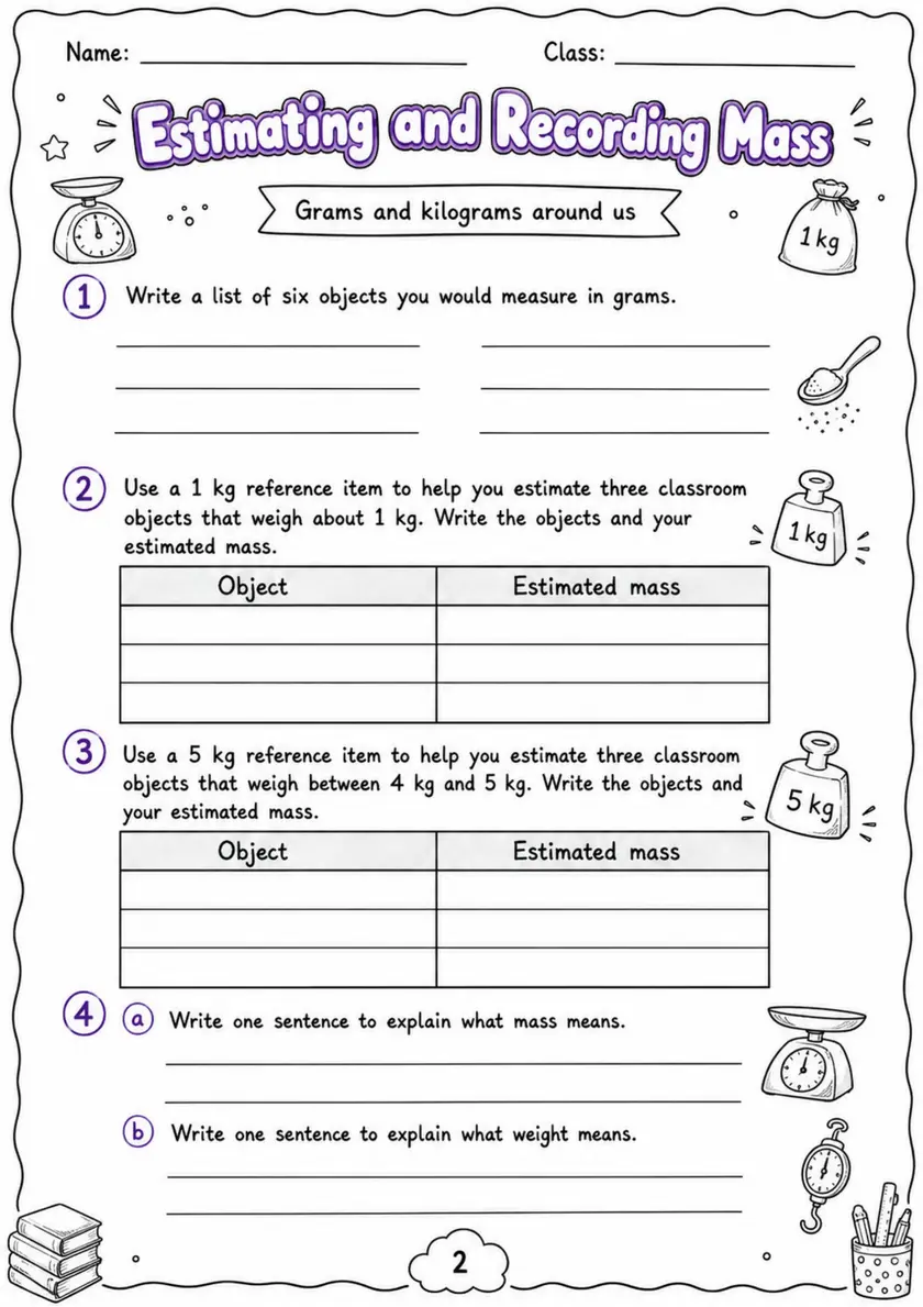 Estimating and Recording Mass - Grade 3 Math Worksheet - WKS-MAT-grade-3-XH-0166-EN grade 3 printable PDF preview