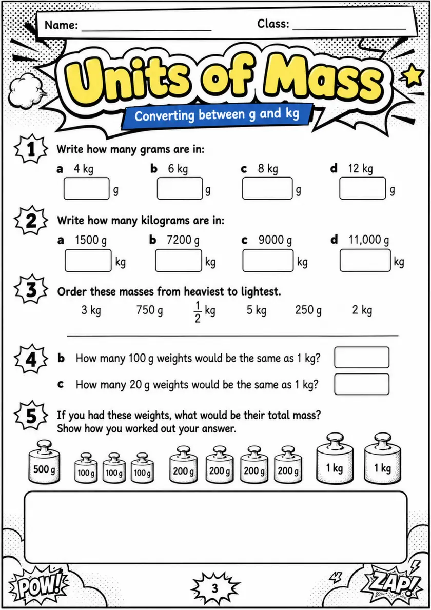 Units of Mass - Grade 3 Math Worksheet - grade 3 Reading, explanation, and short-response questions grade 3 printable PDF preview