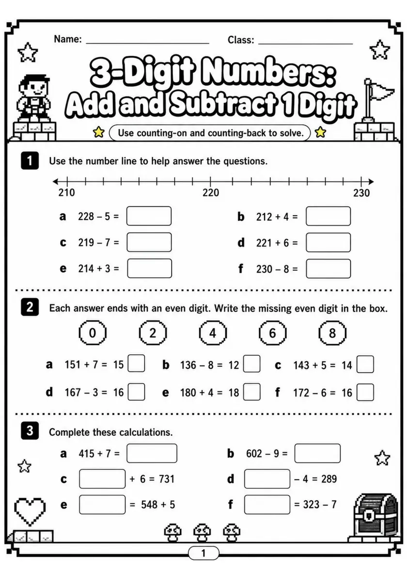 3-Digit Numbers: Add and Subtract 1 Digit - Grade 3 Math Worksheet - grade 3 Calculations and multi-step problem solving grade 3 printable PDF preview