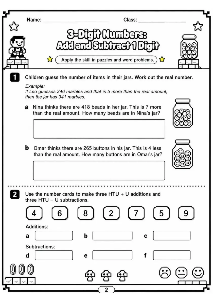 3-Digit Numbers: Add and Subtract 1 Digit - Grade 3 Math Worksheet - grade 3 Printable independent practice grade 3 printable PDF preview
