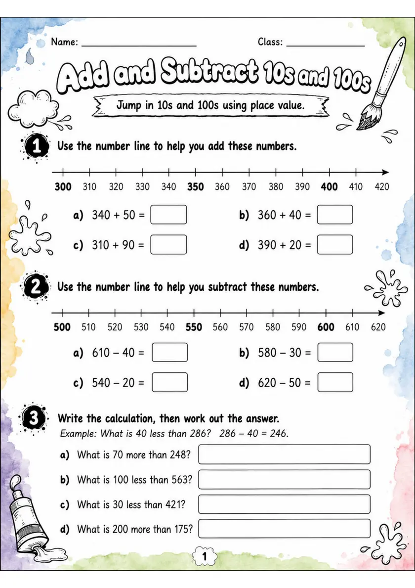 Add and Subtract 10s and 100s - Grade 3 Math Worksheet - grade 3 Reading, explanation, and short-response questions grade 3 printable PDF preview