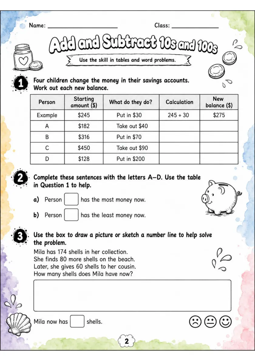 Add and Subtract 10s and 100s - Grade 3 Math Worksheet - grade 3 Graphs, tables, and data interpretation grade 3 printable PDF preview