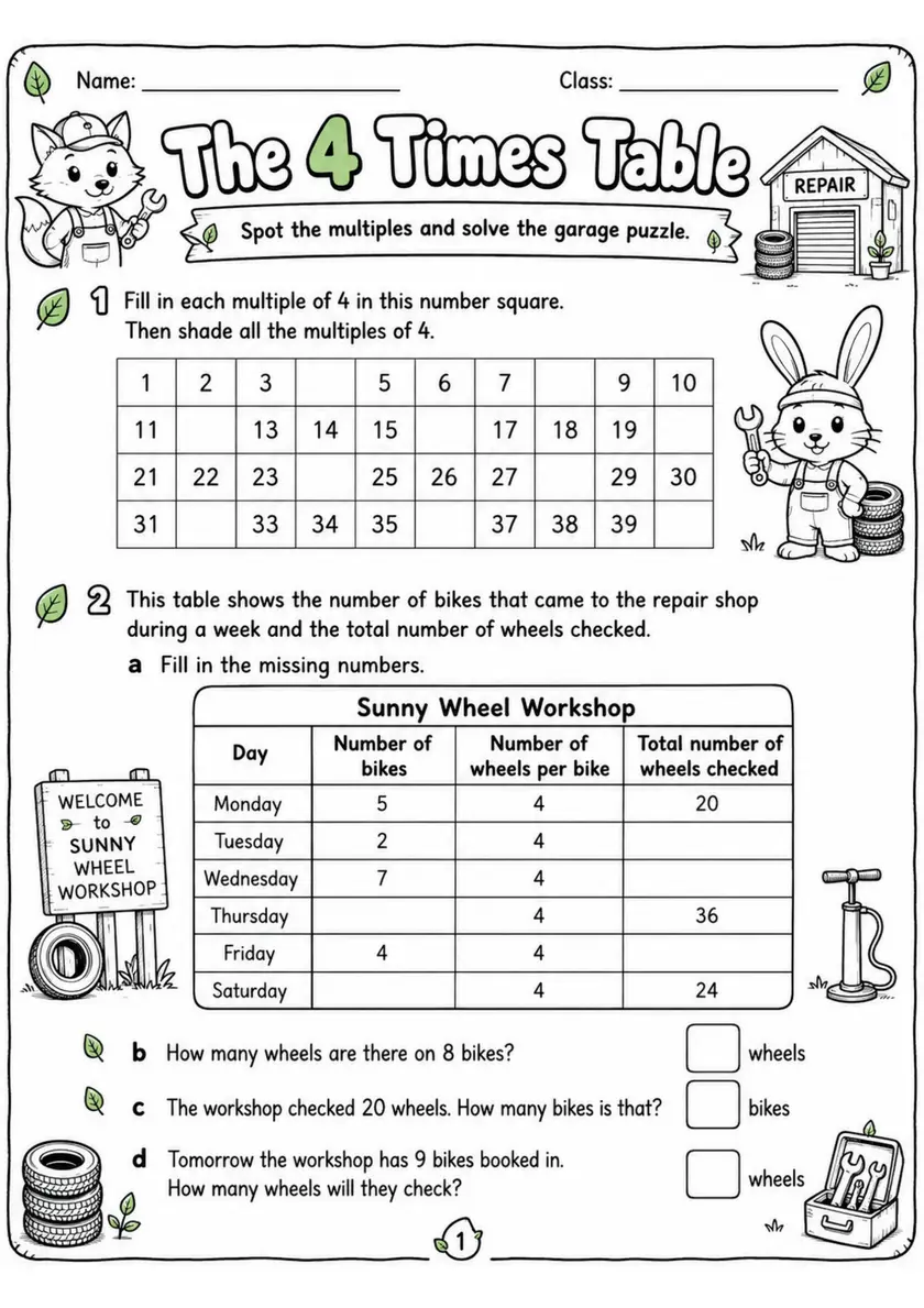 The 4 Times Table - Grade 3 Math Worksheet - WKS-MAT-grade-3-XH-0178-EN grade 3 printable PDF preview