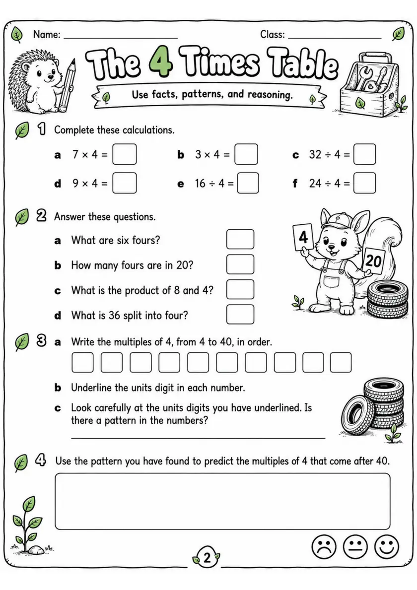 The 4 Times Table - Grade 3 Math Worksheet - WKS-MAT-grade-3-XH-0179-EN grade 3 printable PDF preview