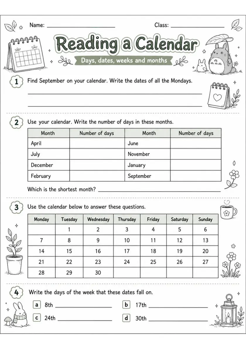 Reading a Calendar - Grade 3 Math Worksheet - grade 3 Reading, explanation, and short-response questions grade 3 printable PDF preview