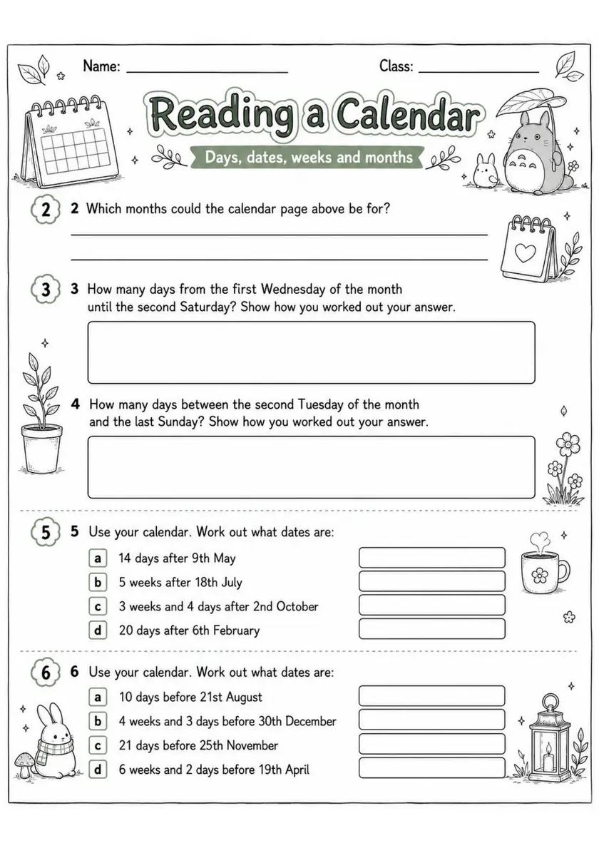 Reading a Calendar - Grade 3 Math Worksheet - grade 3 Printable independent practice grade 3 printable PDF preview
