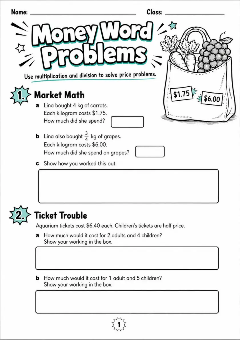 Money Word Problems - Grade 3 Math Worksheet - grade 3 Calculations and multi-step problem solving grade 3 printable PDF preview