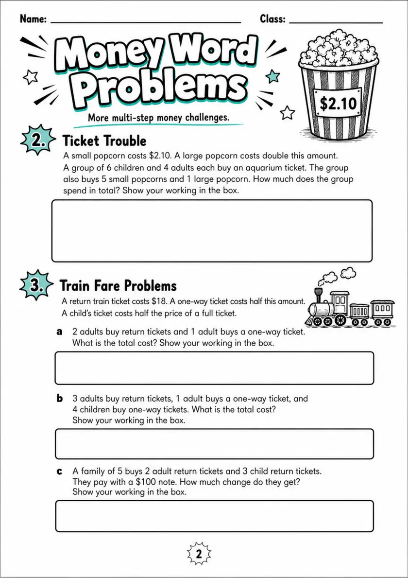 Money Word Problems - Grade 3 Math Worksheet - grade 3 Printable independent practice grade 3 printable PDF preview