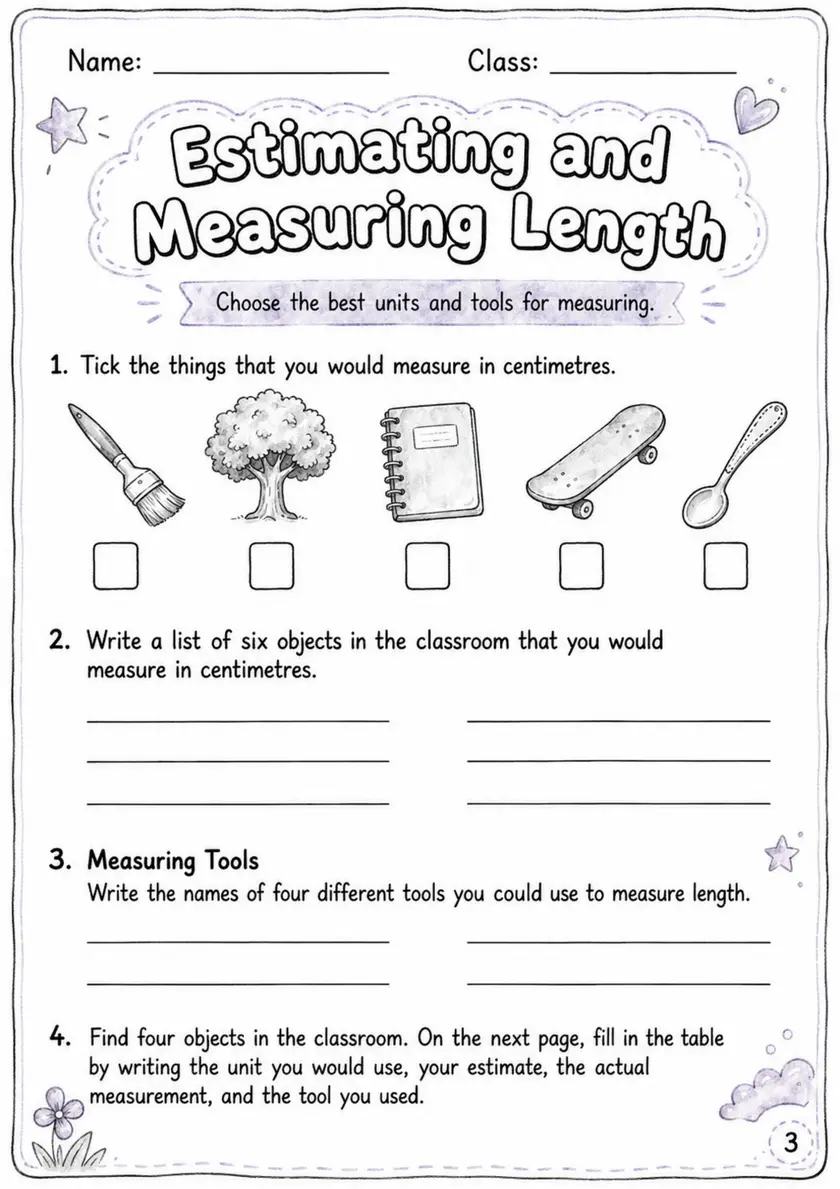 Estimating and Measuring Length - Grade 3 Math Worksheet - grade 3 Graphs, tables, and data interpretation grade 3 printable PDF preview