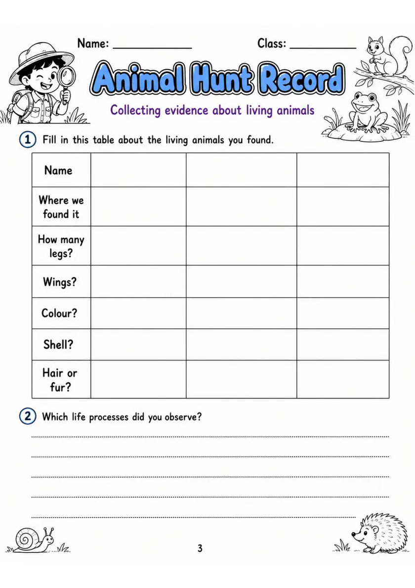 Animal Hunt Record - Grade 3 Science Worksheet grade 3 printable PDF preview