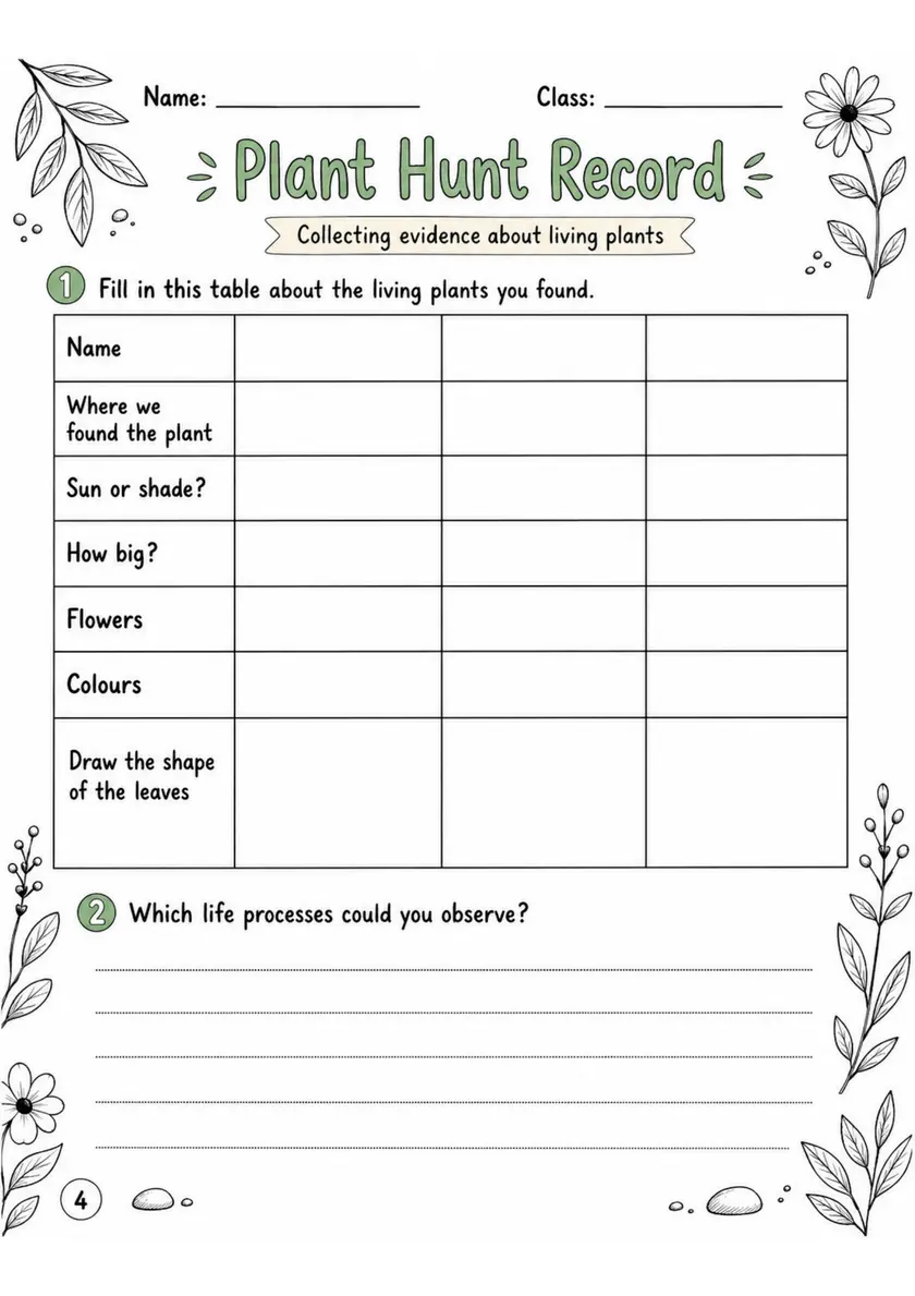 Plant Hunt Record - Grade 3 Science Worksheet grade 3 printable PDF preview