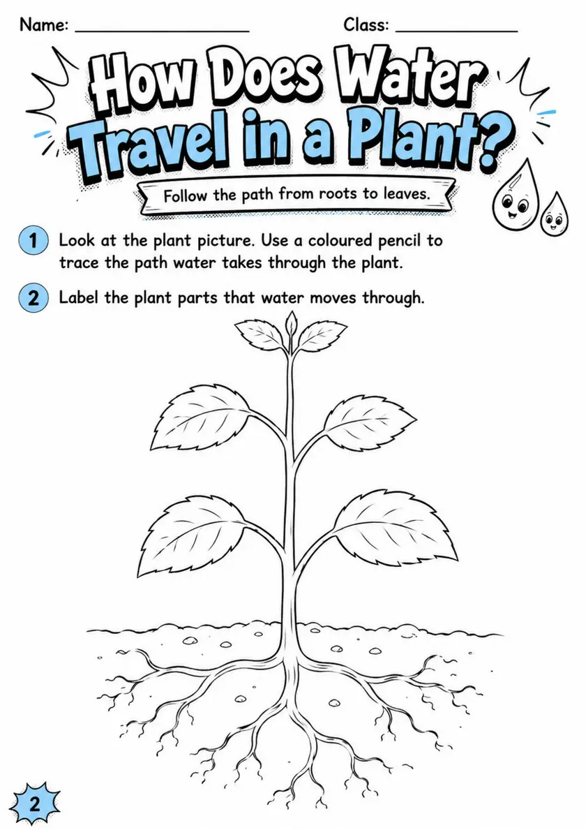 How Does Water Travel in a Plant? - Grade 3 Science Worksheet grade 3 printable PDF preview