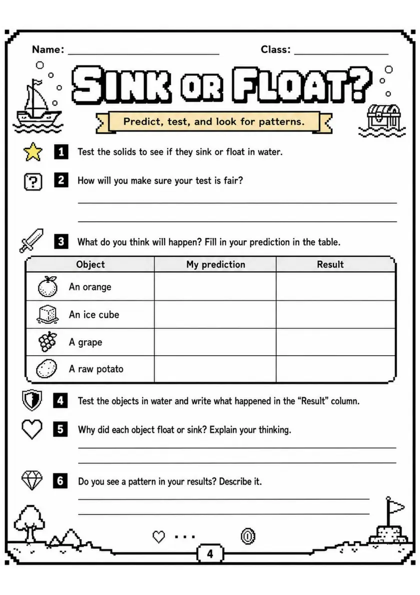 SINK OR FLOAT? - Grade 3 Science Worksheet grade 3 printable PDF preview