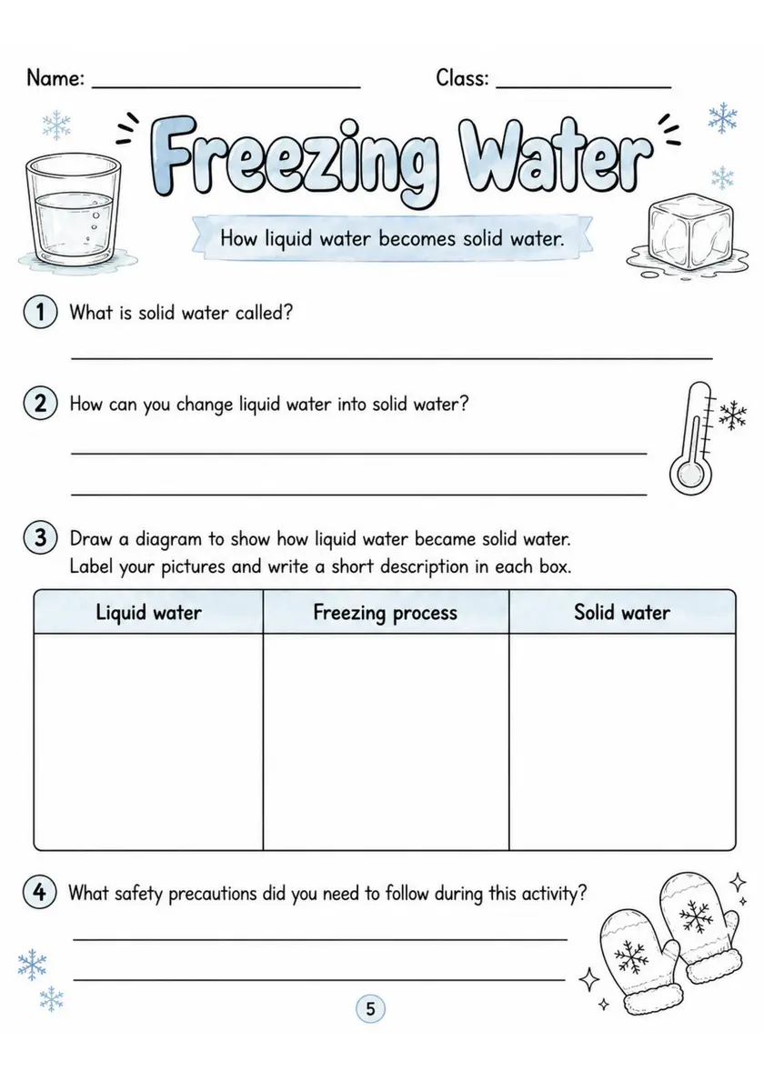 Freezing Water - Grade 3 Science Worksheet grade 3 printable PDF preview