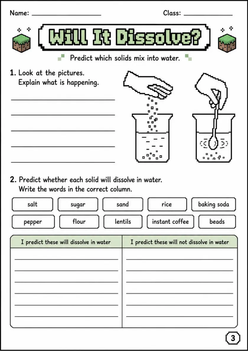 Will It Dissolve? - Grade 3 Science Worksheet grade 3 printable PDF preview