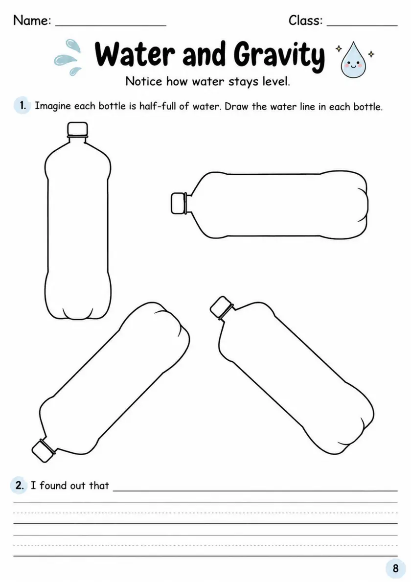 Water and Gravity - Grade 3 Science Worksheet grade 3 printable PDF preview