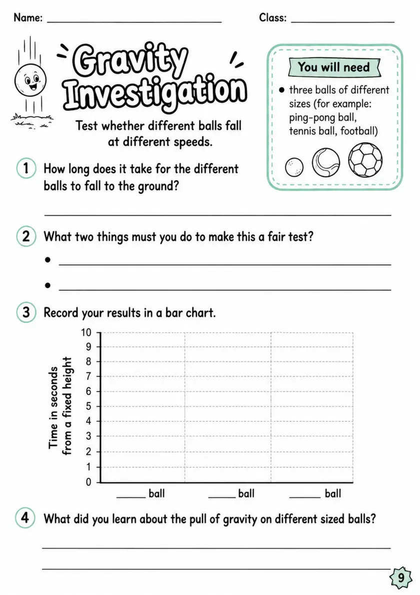 Gravity Investigation' - Grade 3 Science Worksheet grade 3 printable PDF preview
