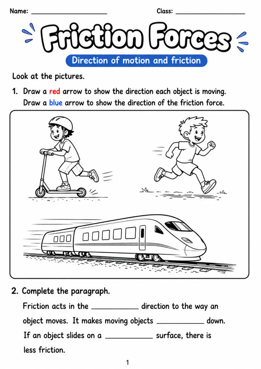 Friction Forces - Grade 3 Science Worksheet grade 3 printable PDF preview
