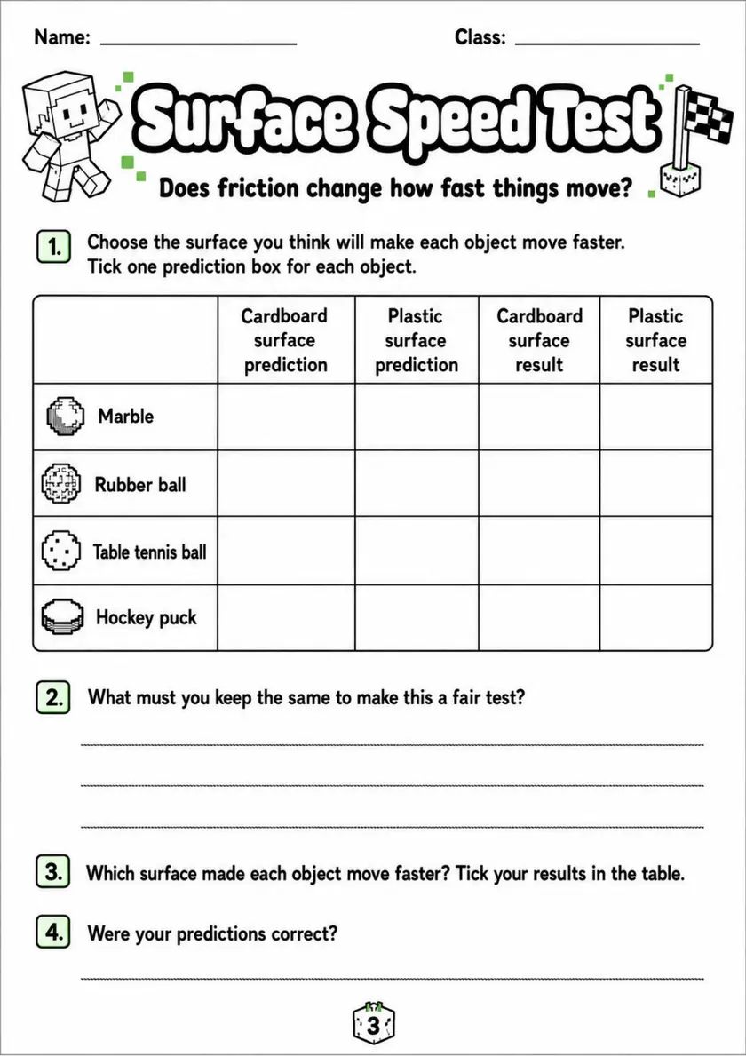 Surface Speed Test - Grade 3 Science Worksheet grade 3 printable PDF preview