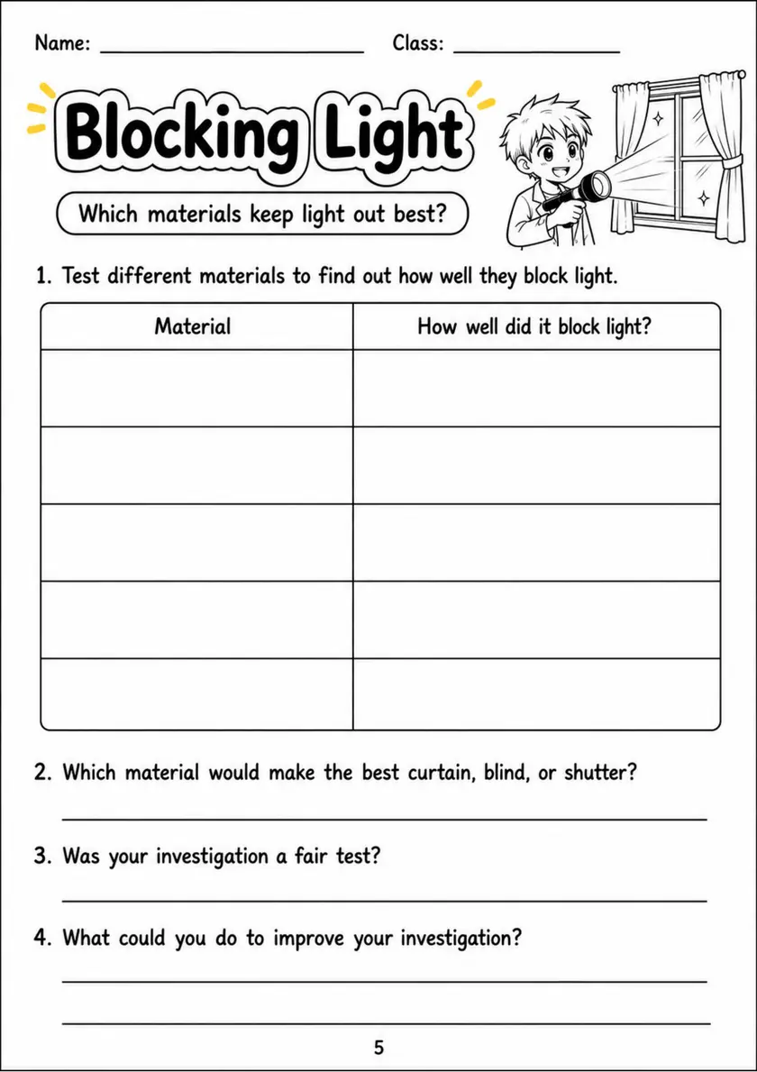 Blocking Light - Grade 3 Science Worksheet grade 3 printable PDF preview