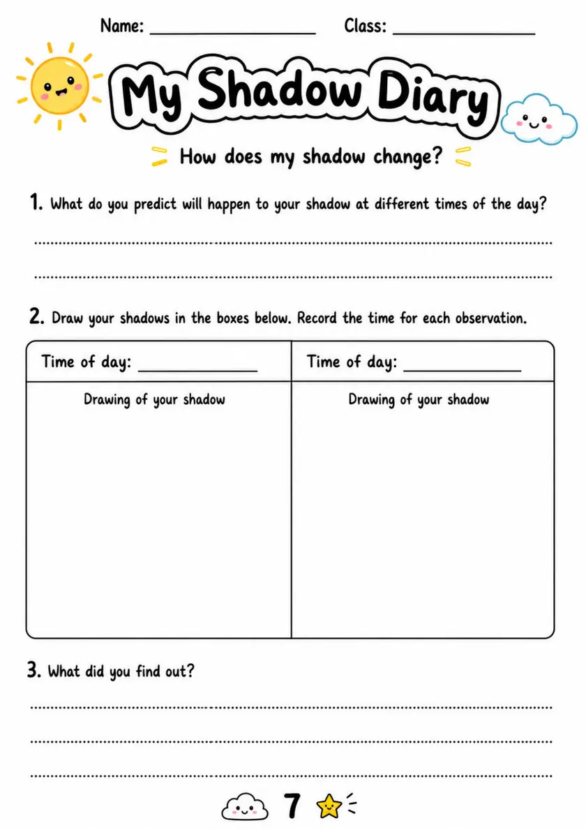 My Shadow Diary - Grade 3 Science Worksheet grade 3 printable PDF preview