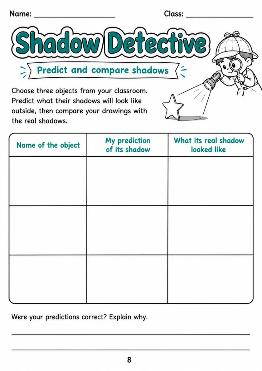 Shadow Detective - Grade 3 Science Worksheet grade 3 printable PDF preview