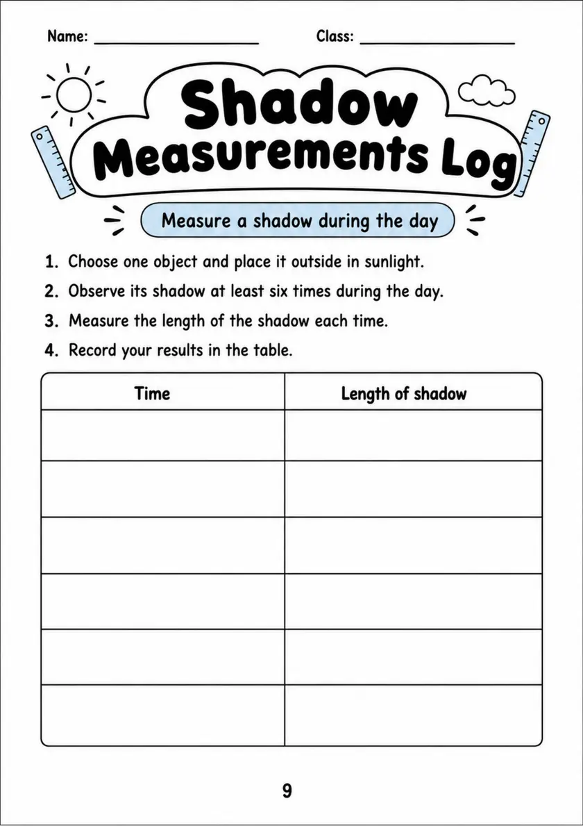 Shadow Measurements Log - Grade 3 Science Worksheet grade 3 printable PDF preview