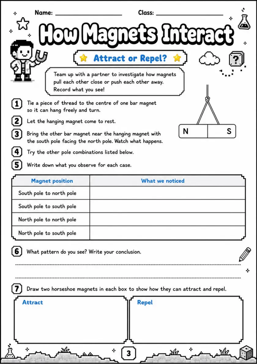 How Magnets Interact - Grade 3 Science Worksheet grade 3 printable PDF preview