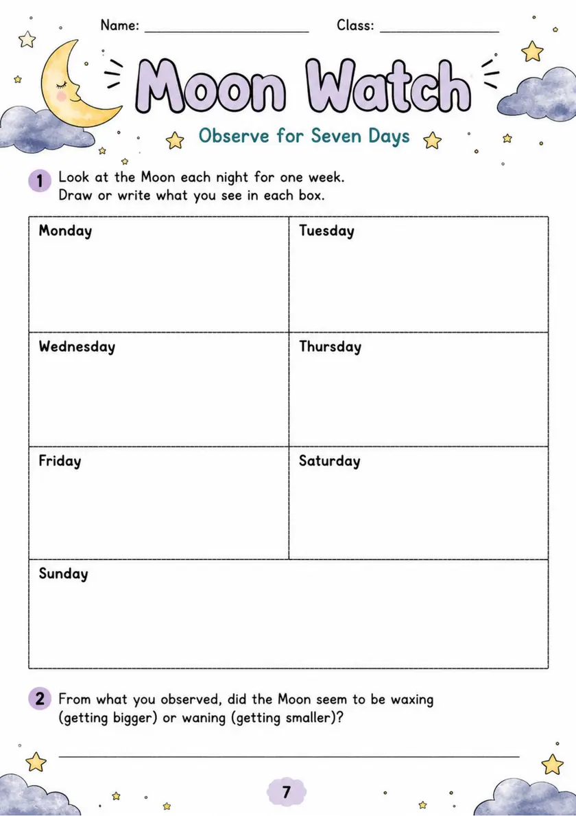 Moon Watch - Grade 3 Science Worksheet grade 3 printable PDF preview