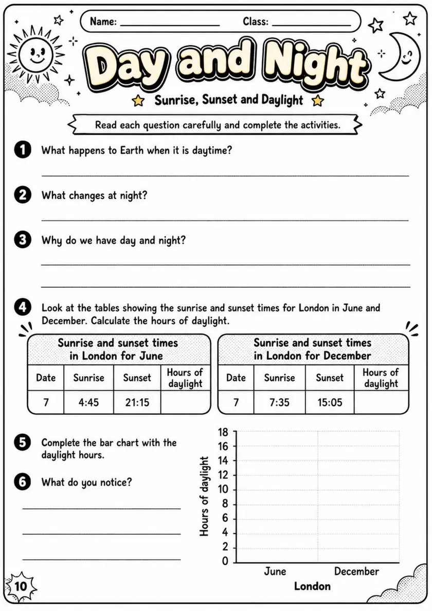 Day and Night - Grade 3 Science Worksheet grade 3 printable PDF preview
