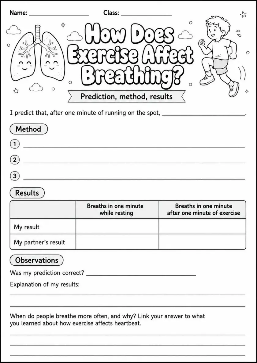 How Does Exercise Affect Breathing? - Grade 3 Science Worksheet grade 3 printable PDF preview