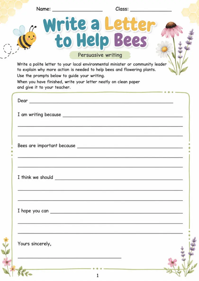 Write a Letter to Help Bees - Grade 3 Science Worksheet grade 3 printable PDF preview