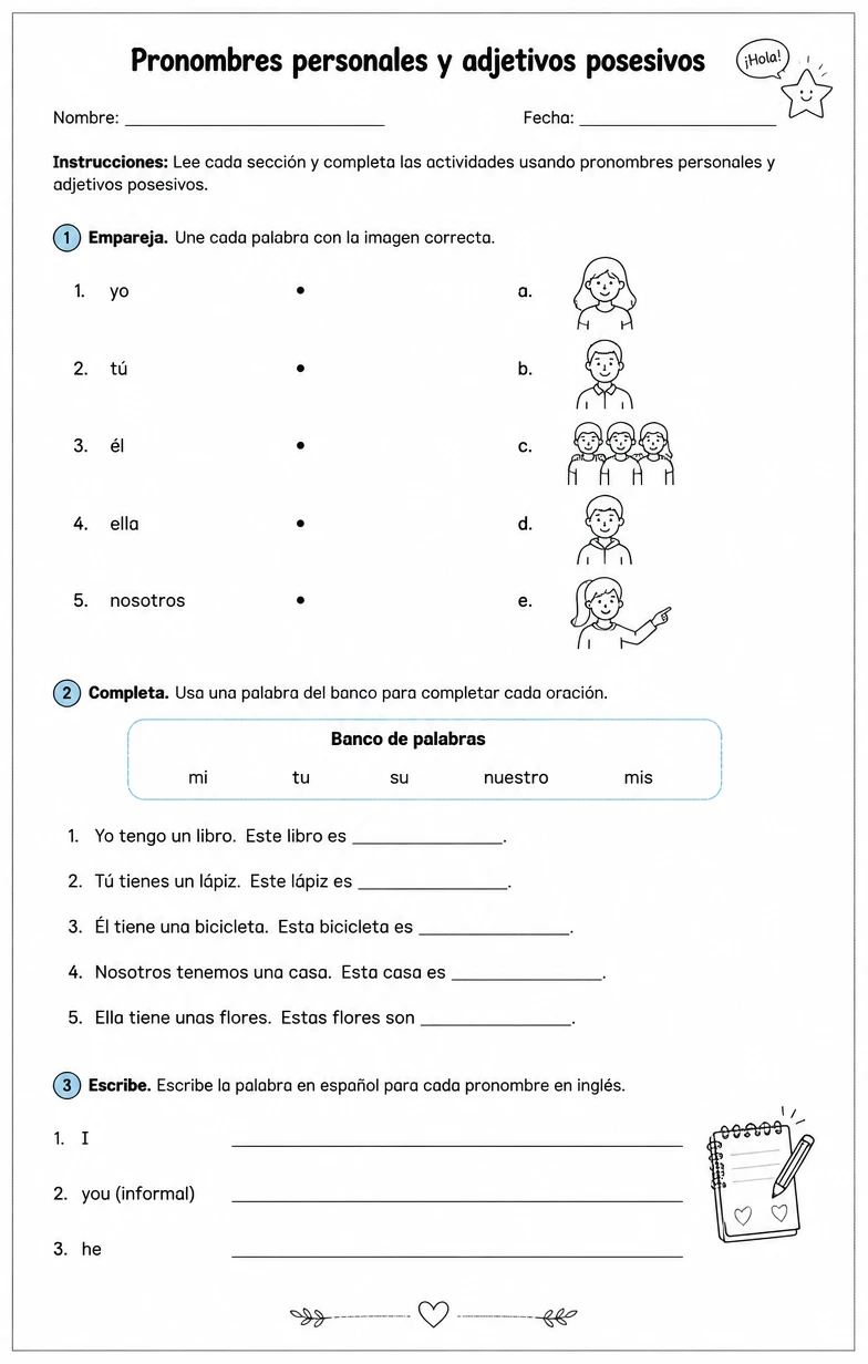 Producir palabras, frases o oraciones en español relacionadas con pronombres sujetos.