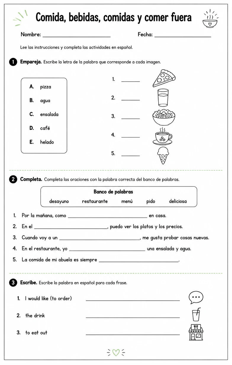 Producir palabras, frases o oraciones en español relacionadas con comidas.