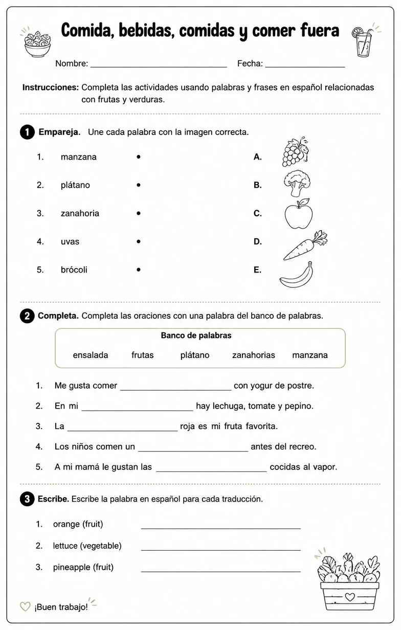 Producir palabras, frases o oraciones en español relacionadas con frutas y verduras.