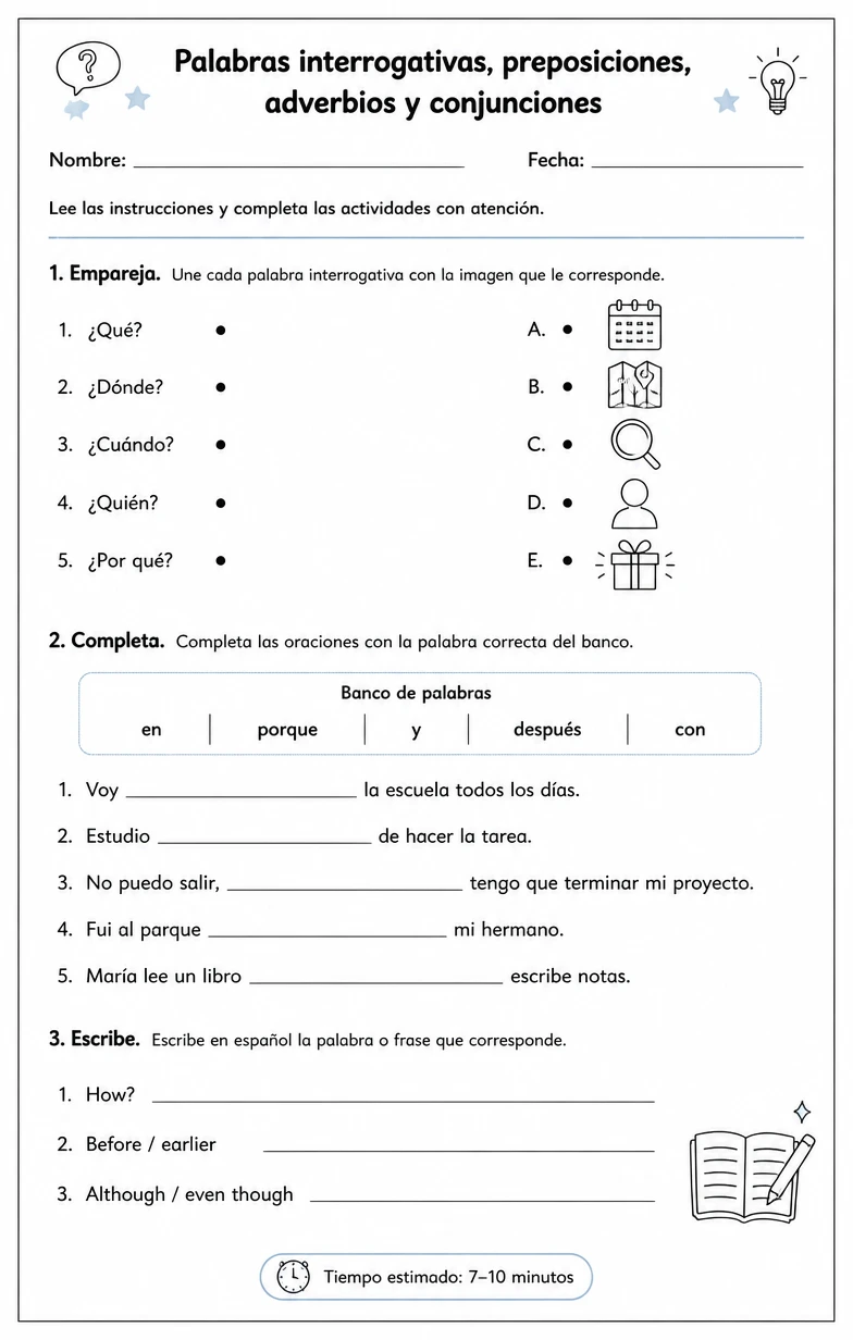 Producir palabras, frases o oraciones en español relacionadas con palabras interrogativas.