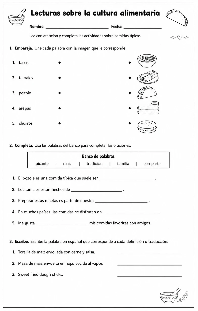 Reconocer palabras, frases o oraciones en español relacionadas con comidas típicas.